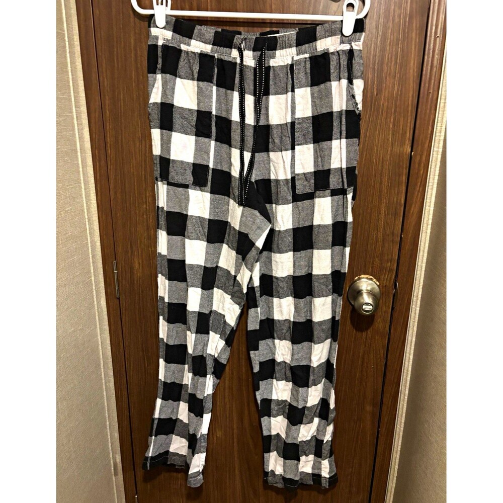 JoysPun Black White Gray Plaid Woven Pajama Pants Women's M Drawstring Waist
